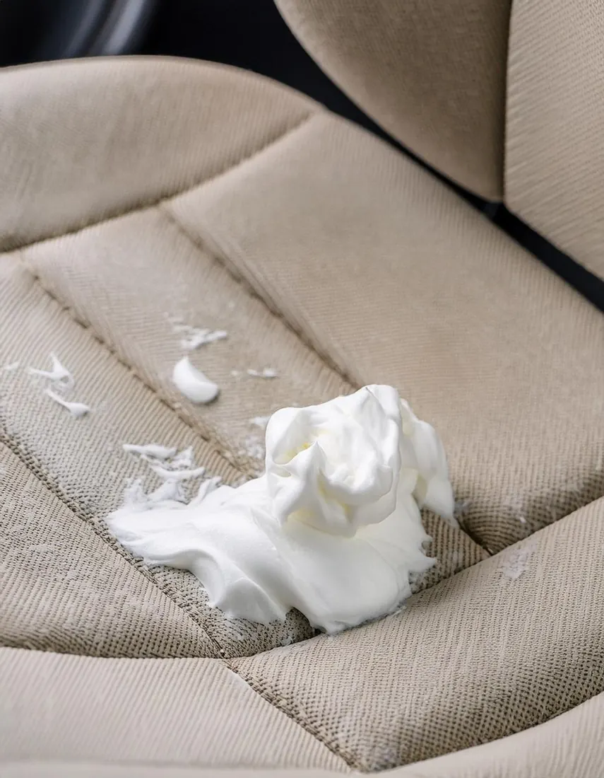 Lavado de vestiduras de auto cerca de mi: espuma de limpiador sobre un asiento de tela beige