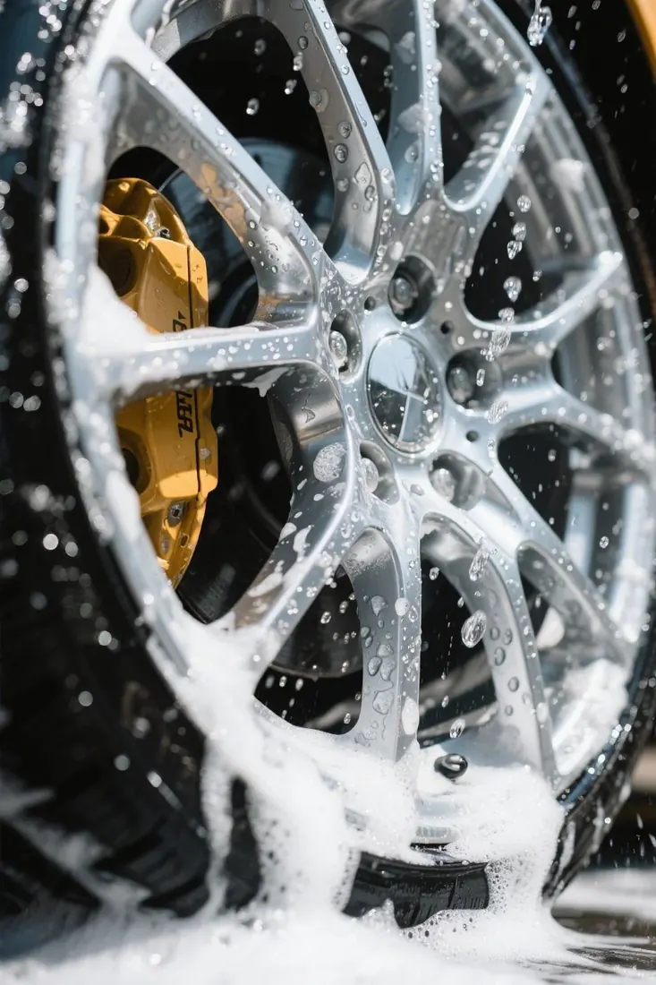 Lavado de chasis precio: rin de aluminio con espuma, gotas de agua y caliper amarillo