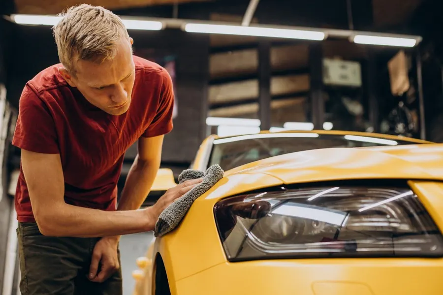 Blog de detallado automotriz: es bueno encerar el auto - detallador secando y puliendo con microfibra un auto amarillo en taller